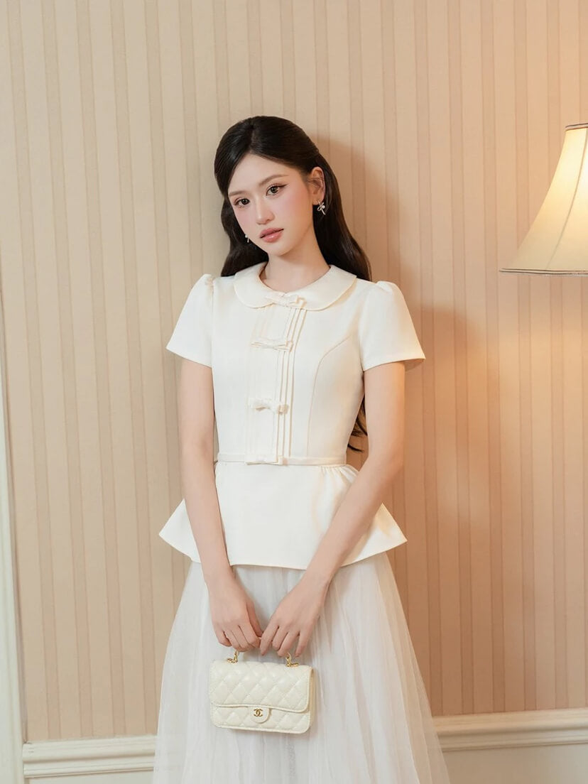 레이스 카라 4리본 플리츠 포인트 블라우스