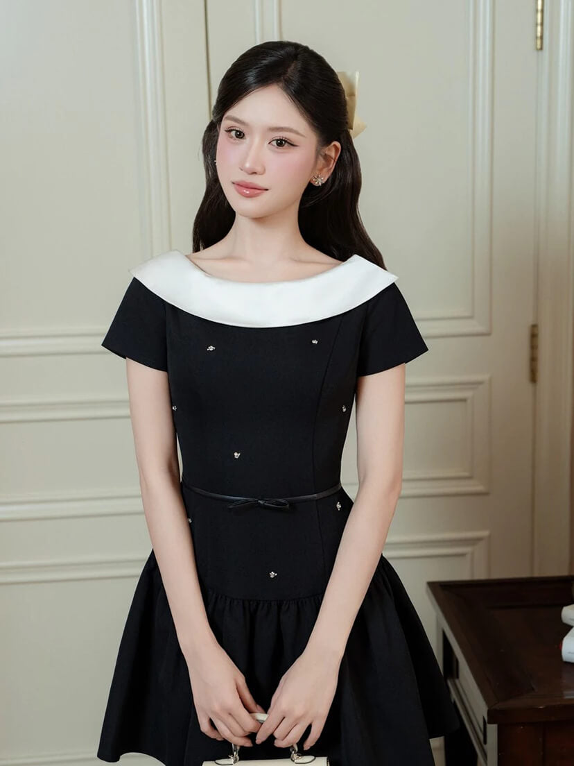 베이지 카라 배색 미니멀 우아한 원피스