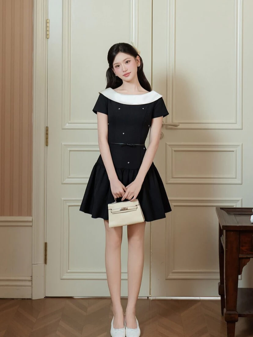 베이지 카라 배색 미니멀 우아한 원피스