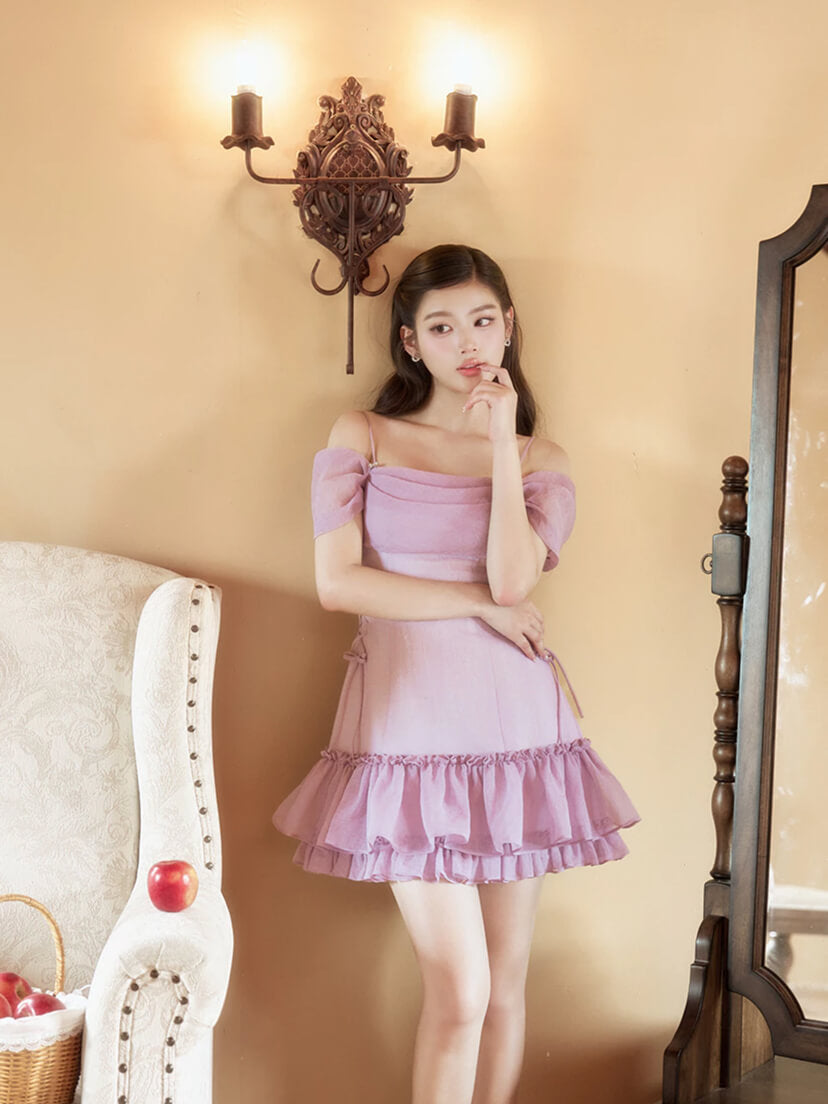 퍼플 시폰 셔링 러플 레이스업 허리 원피스
