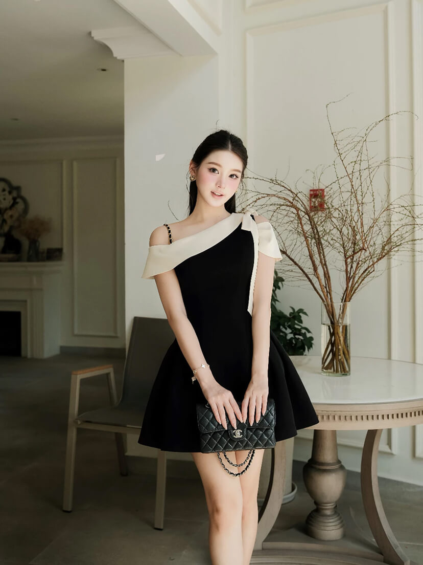 오프숄더 배색 원피스 · 우아한 파티룩 · 여성스러운 데일리룩