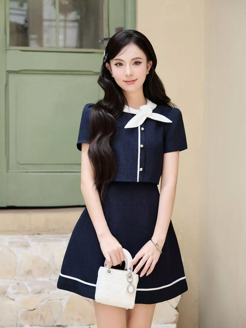크롭 리본 포인트 원피스 · 미니멀 데일리룩