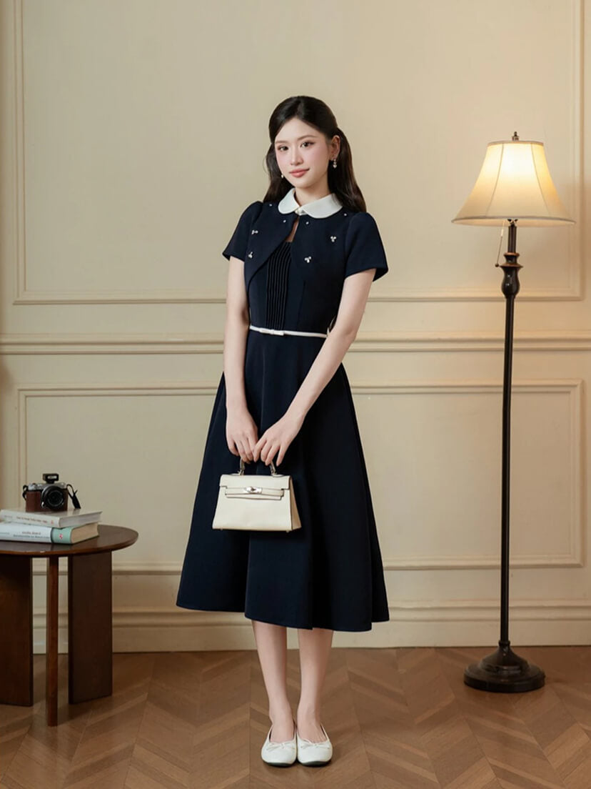 큐빅 숄 카라 플리츠 포인트 레이어드 원피스