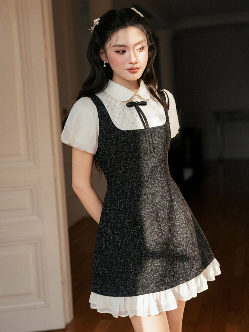 셀러 칼라 퍼프소매 리본 원피스